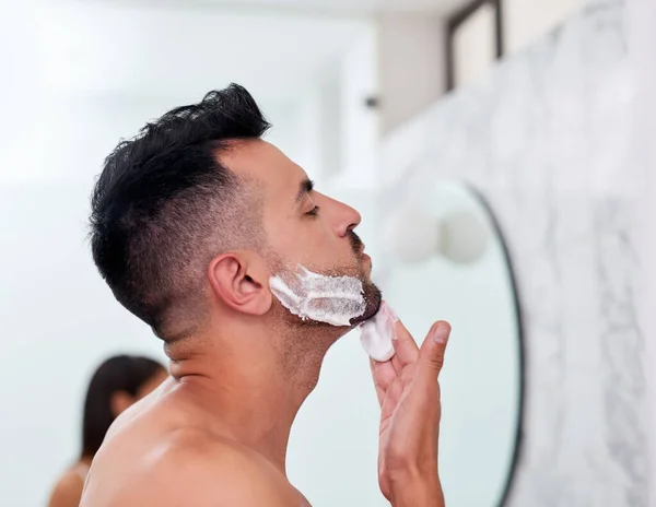 Its All Coming Handsome Young Man Applying Shaving Cream His — Stok fotoğraf