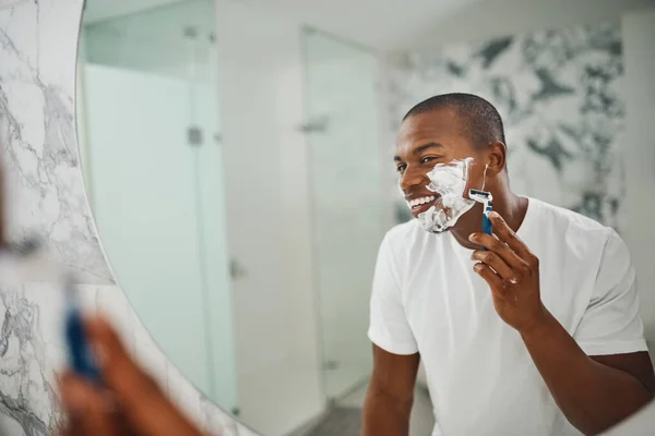 Hes Fan Face Fuzz Handsome Young Man Shaving His Facial — Stok fotoğraf