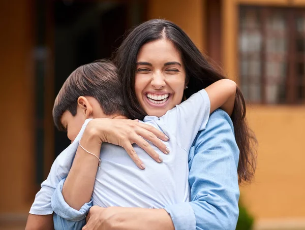 Loves His Mother Much Young Woman Her Adorable Son Embracing — Stock Fotó