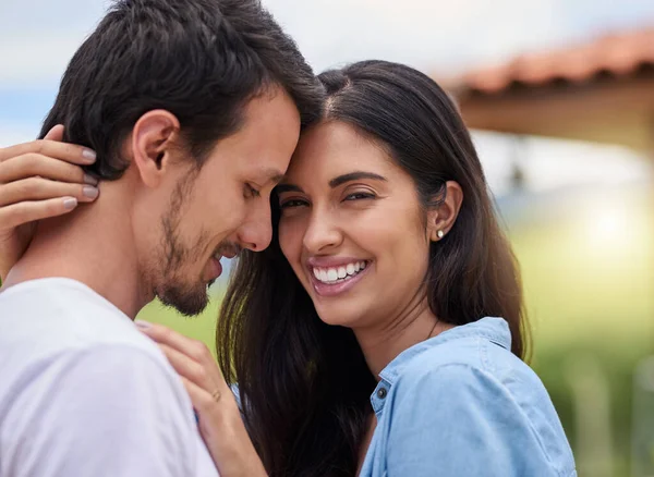 Hes Man Dreams Affectionate Young Couple Embracing While Standing Outdoors — 图库照片