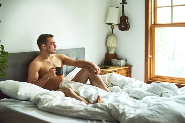 Loves Starting Morning Young Handsome Shirtless Man Drinking Coffee Chilling — Fotografia de Stock