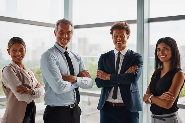 Success Something You Work Together Corporate Businesspeople Standing Arms Crossed — Stockfoto