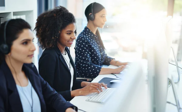 Every Call Dealt High Professionalism Young Women Working Call Centre — Stok fotoğraf