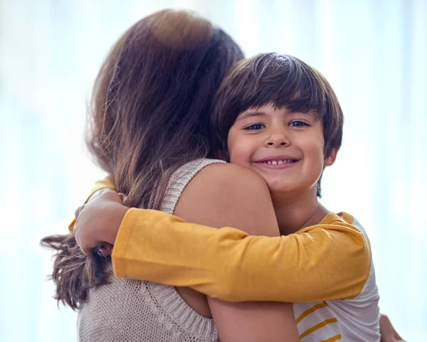 Mom Calls Her Little Man Adorable Little Boy Affectionately Hugging — Stock Fotó