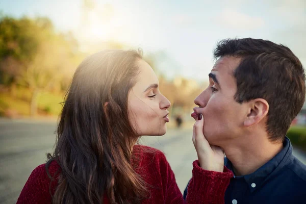 Lips Should Mine Right Now Happy Young Couple Sharing Playful — Stockfoto