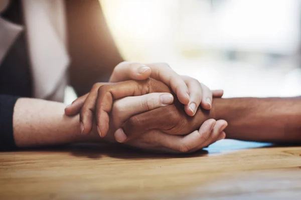 Support Compassion Trust While Holding Hands Sitting Together Table Closeup —  Fotos de Stock