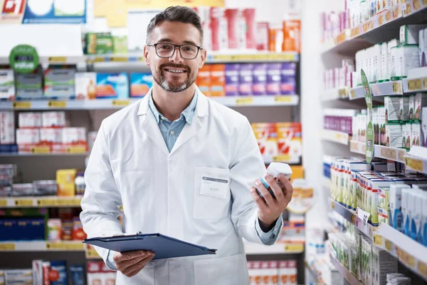 Its New Market Portrait Mature Pharmacist Doing Inventory Pharmacy — Stock Fotó