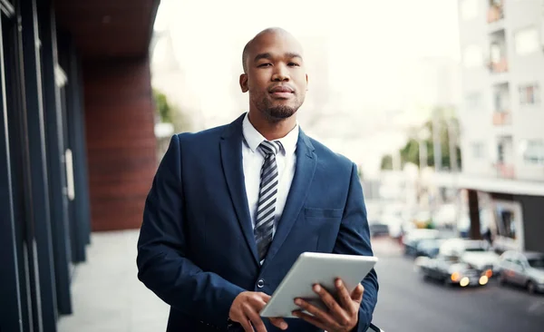 Linked Latest Business Portrait Handsome Young Businessman Using Digital Tablet —  Fotos de Stock