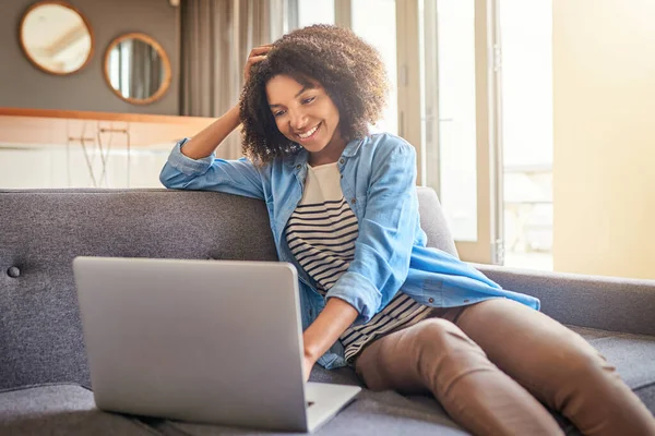 What Nice Day Work Home Cheerful Young Woman Working Laptop — 스톡 사진