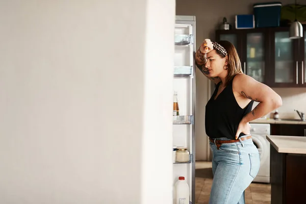 Size Chubby Hungry Woman Looking Fridge Thinking Food Searching Meal — Photo