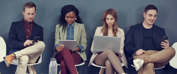 Working Waiting Room Group Businesspeople Using Different Wireless Devices While — Stockfoto