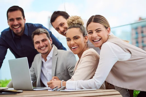 Well Get Done Cropped Portrait Group Businesspeople Gathered Laptop Meeting —  Fotos de Stock