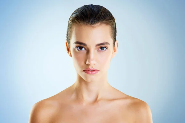 Serious Business Beauty Studio Portrait Beautiful Young Woman Posing Blue —  Fotos de Stock