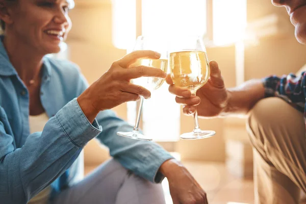 Heres First Many More Memories Happy Mature Couple Toasting Wine — Stok Foto