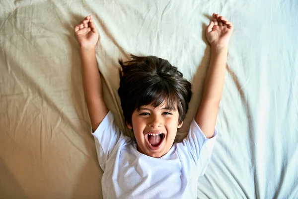 Hes Energetic Little One Portrait Adorable Little Boy Raising His — Stock Fotó