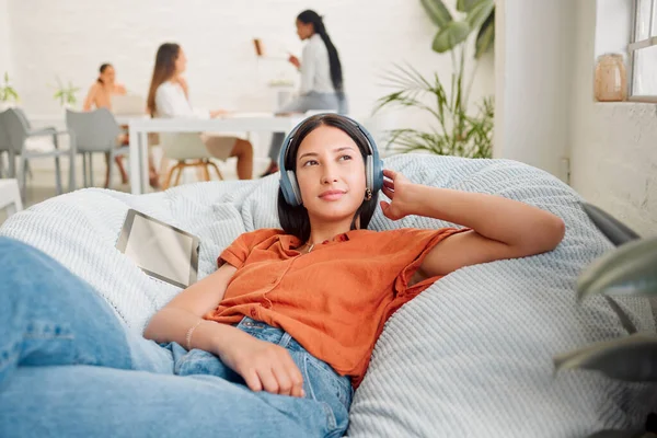 Creative Wearing Headphones Listening Music Relaxing Zen Songs Podcast Help — Stock Fotó