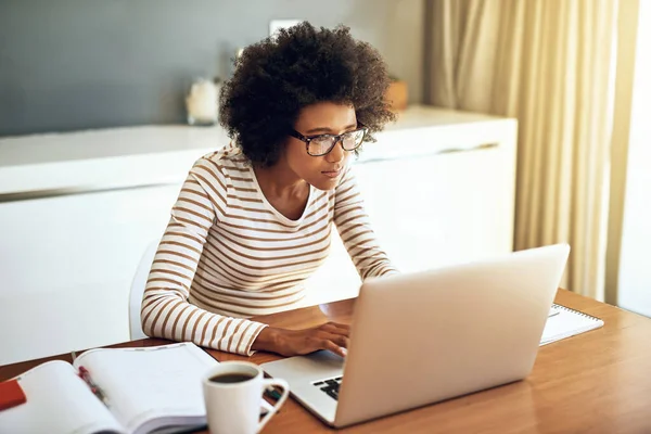Shes Work Mode Confident Young Woman Working Her Laptop While — Foto de Stock