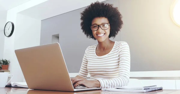 Working Home Best Portrait Cheerful Young Woman Typing Working Laptop — Foto de Stock