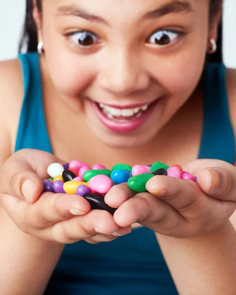 Crazy Candy Studio Shot Cute Young Girl Holding Handful Colorful — Foto Stock