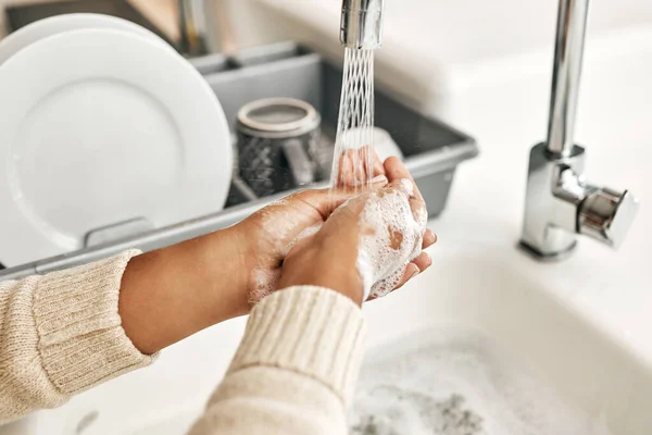 Hygiene Cleaning Washing Hands Soap Water Kitchen Sink Home Closeup — Fotografia de Stock