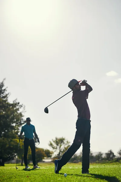 Your Technique Impressive Focused Young Male Golfer Swing Play Shot — Photo
