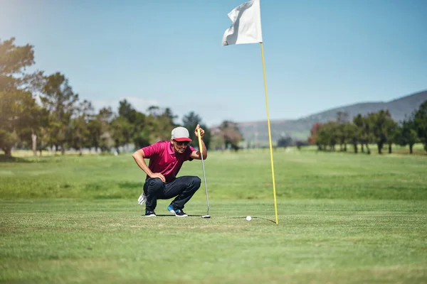 Why Wont You Focused Young Male Golfer Looking Golf Ball — Zdjęcie stockowe