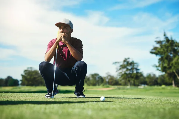 Fairway Focused Young Male Golfer Looking Golf Ball While Being — Photo