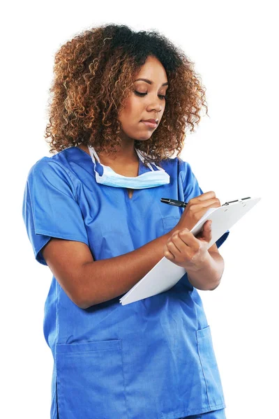 Your Health Matters Most Studio Shot Attractive Young Nurse Writing — Stok fotoğraf