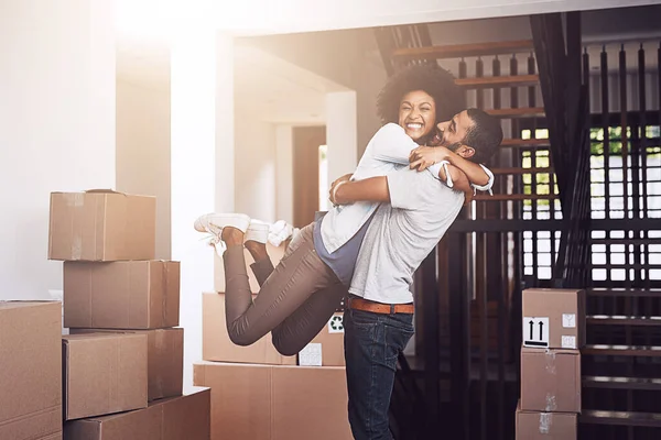 Ecstatic All Theirs Affectionate Young Couple Moving New Home — Fotografia de Stock