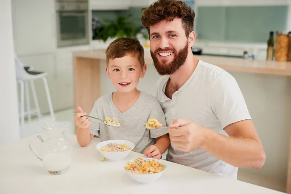 Breakfast Our Favourite Meal Day Adorable Little Boy His Father — Stock Fotó