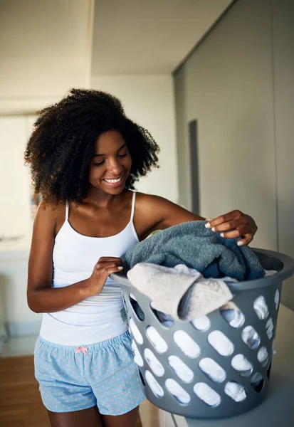 Sorted Washed Attractive Young Woman Doing Laundry Home — Stok fotoğraf