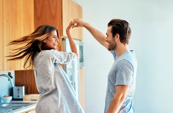 Now Give Big Twirl Happy Young Couple Dancing Together Home — Foto de Stock