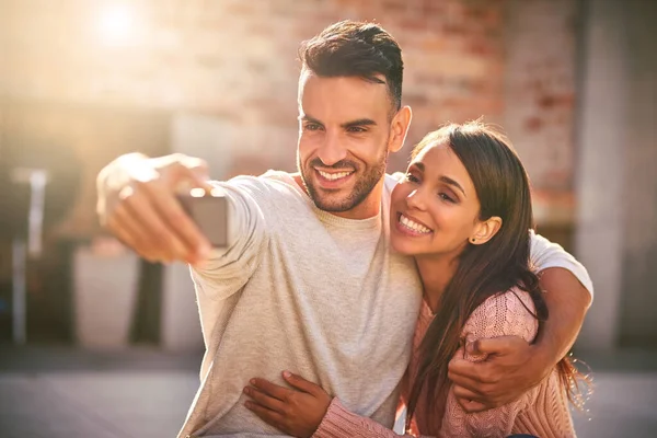 Love Anything Else Happy Young Couple Taking Selfies Together Outdoors — Stock fotografie