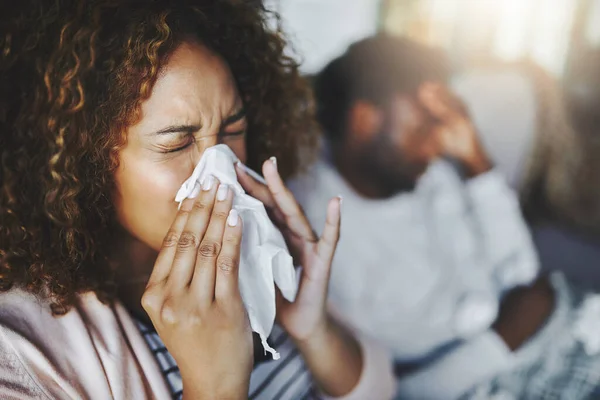 Ill Sick Woman Allergy Sinus Infection Sneezing Tissue Blowing Nose — Foto Stock