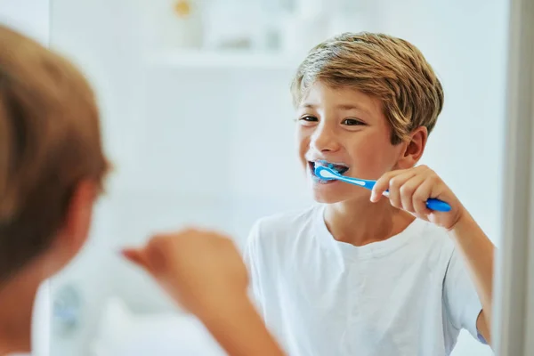 Brushing Your Teeth Important Routine Cheerful Young Boy Looking His — Stock fotografie