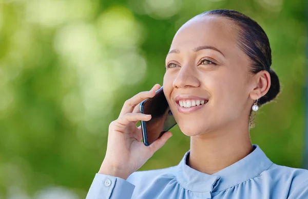 Woman Calling Smiling Talking Phone Call While Standing Green Copy — Stockfoto