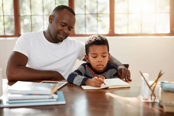 Supervision Important Handsome Young Father Helping His Son Some Homework — Stok fotoğraf