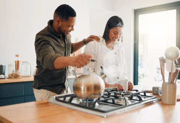 Loving Couple Having Coffee Tea Relaxed Carefree While Bonding Kitchen — 스톡 사진