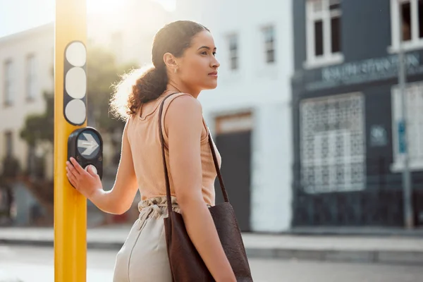 Attractive Female Pedestrian Ready Cross Street Waiting Green Light Pressing — Stockfoto