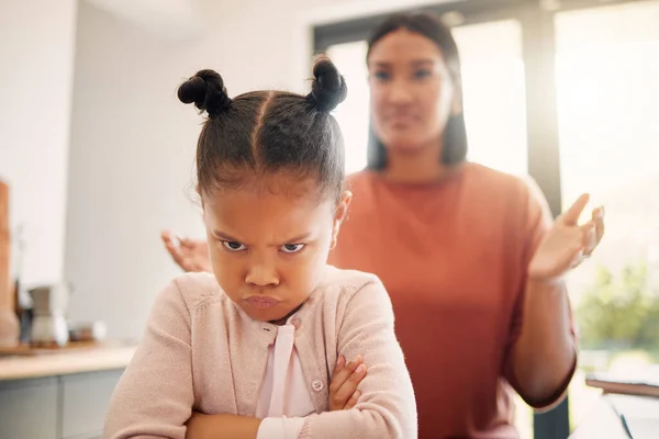 Angry Little Girl Unhappy Upset Fight Being Scolded Mother Frowning — Stock Photo, Image