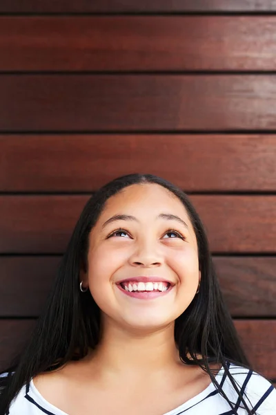 Your Own Person You Look Happy Young Girl Posing Wooden — Foto Stock