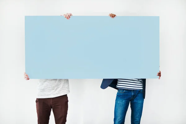 Your Attention Studio Shot Two Men Covering Themselves Blank Placard — Stockfoto