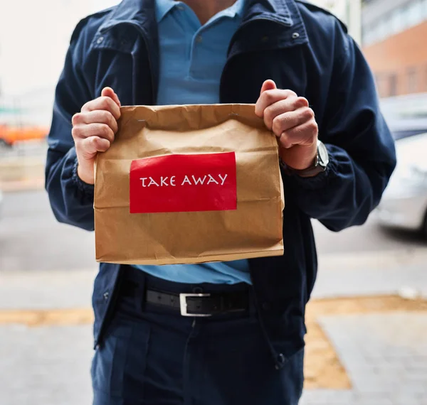 Time Delicious Unrecognizable Man Delivering Take Away Food — Stock Fotó