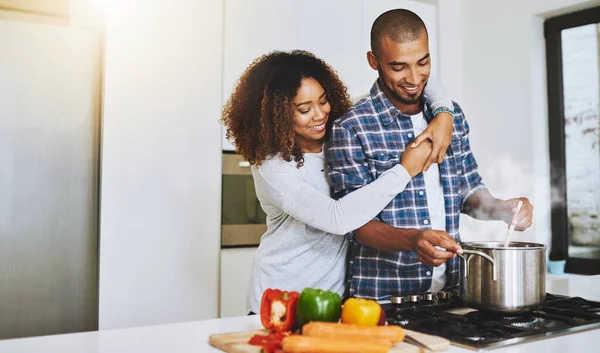 Ive Got Best Cook Husband Young Couple Cooking Together Home — Fotografia de Stock