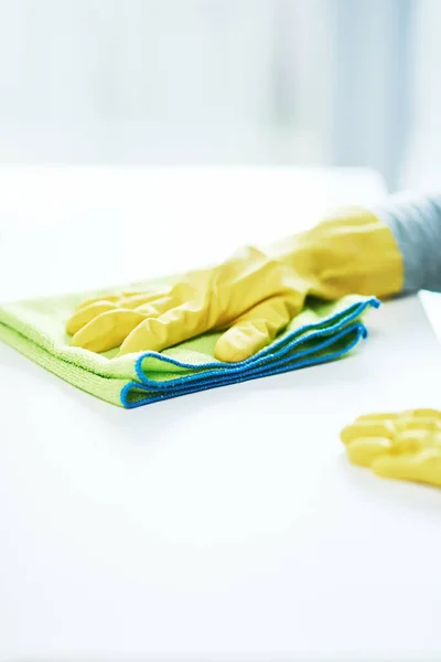 Today Germs Unrecognizable Person Wearing Rubber Gloves Wiping Counter Home — Fotografia de Stock