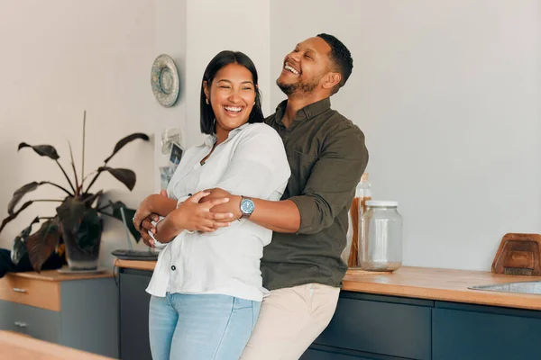 Hugging Embracing Love Couple Home Living Room Kitchen Lounge Bonding — Fotografia de Stock