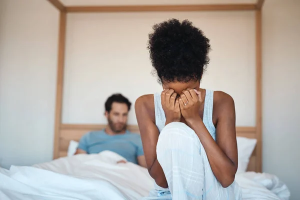 Woman Crying Fighting Husband Bedroom Home Wife Sad Husbands Affair — Stockfoto