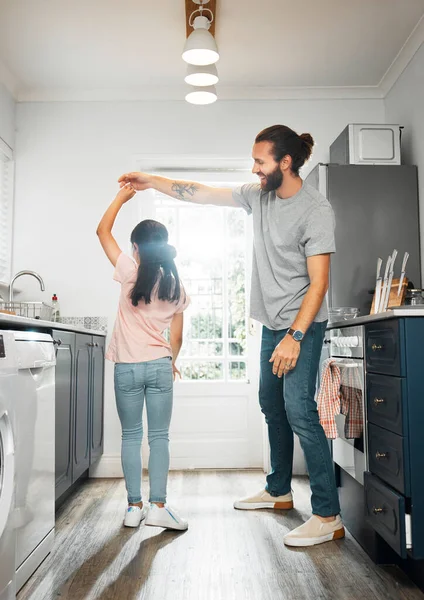 Father Daughter Dancing Together Having Family Fun Kitchen Home Carefree — Stock fotografie