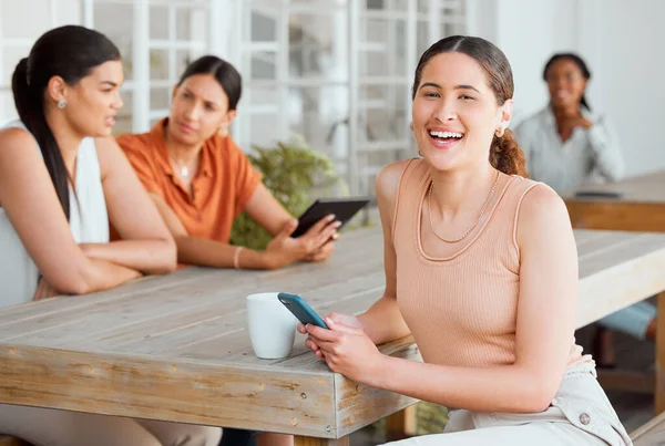 Texting on phone, networking and meeting friends for planning ideas, innovation and strategy for creative startup business. Portrait of woman with diverse group of businesswomen browsing social media.