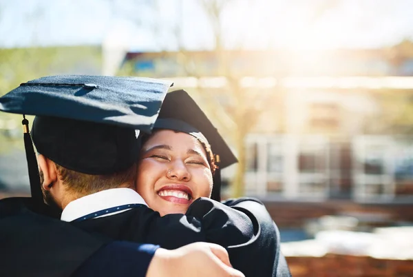 Glad You Made Young Woman Embracing Her Male Friend Graduating — Foto Stock